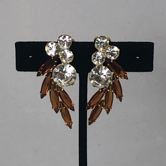 Vintage Amber and Clear Crystal Clip-On Earrings - Picture 2 of 3